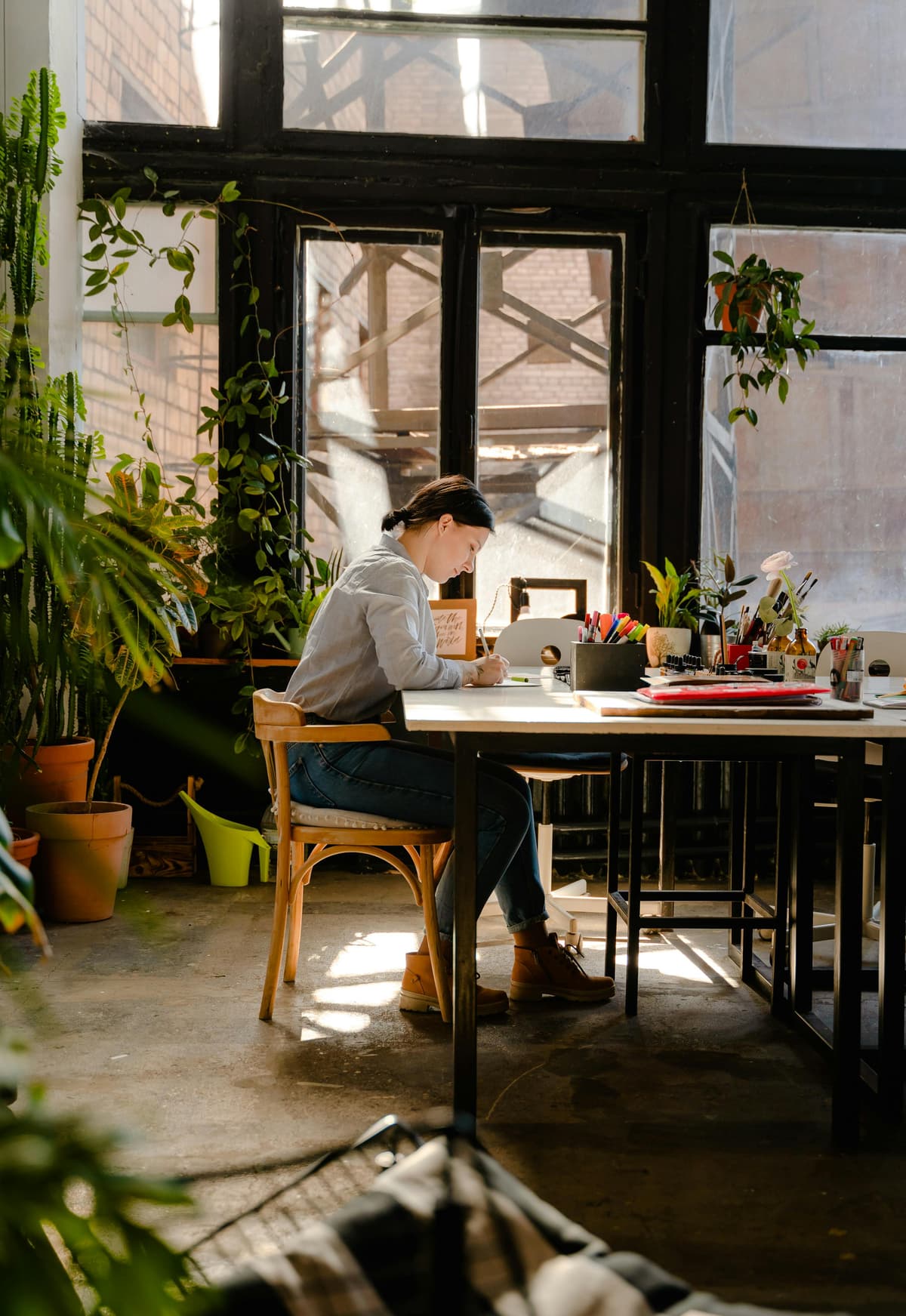A person writing at a desk beside large sunlit windows and plants.