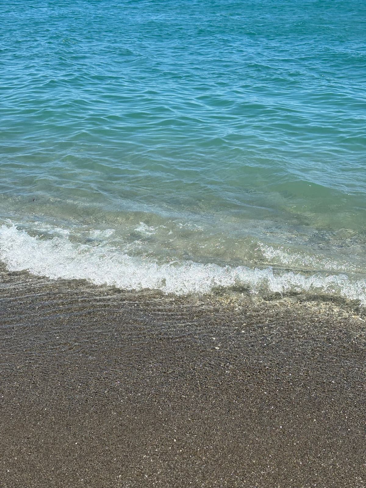 Gentle ocean waves rolling onto a sandy shoreline.